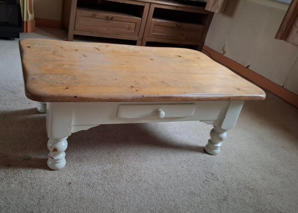 Oud grenen salontafel met lade, Ophalen, Gebruikt, 100 tot 150 cm, 50 tot 100 cm