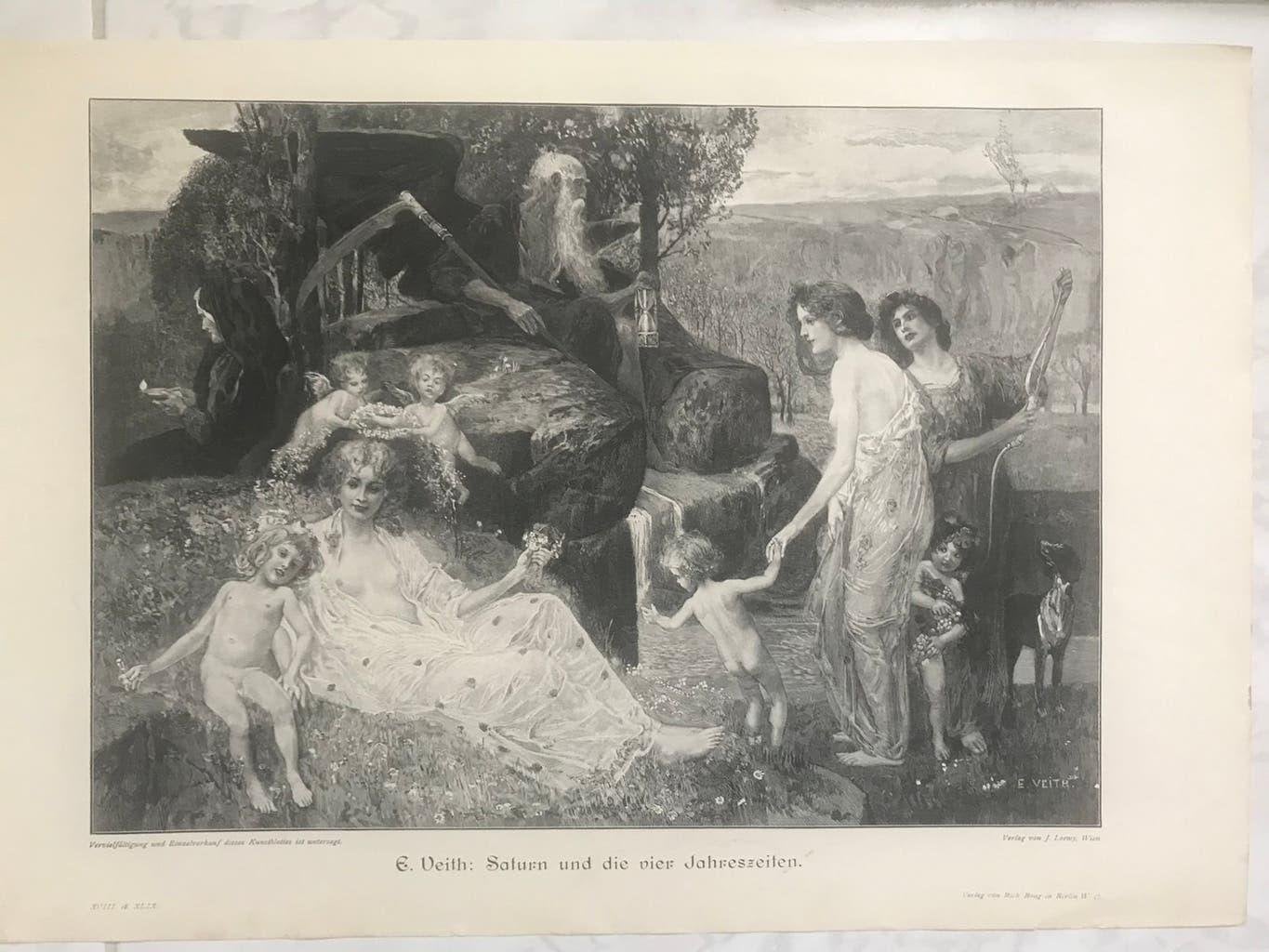 E. Veith: Saturn und die vier Jahreszeiten, 1892,  32x23cm., Origineel, 1800 - 1899, Mythologie, Ophalen of Verzenden