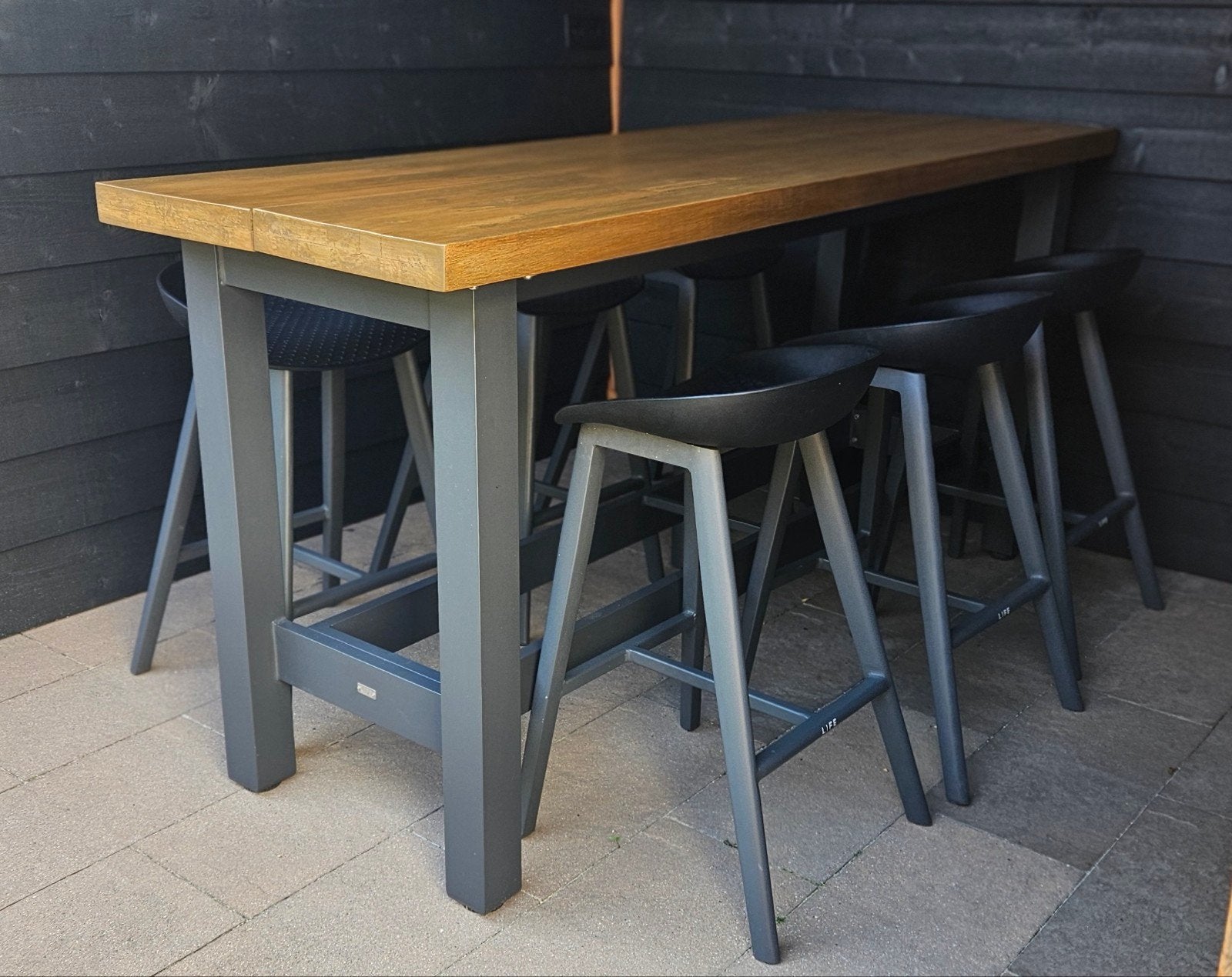 Life Outdoor Living bartafel met 6 barkrukken (teak/alu), Ophalen, Zo goed als nieuw, Rechthoekig, Teakhout