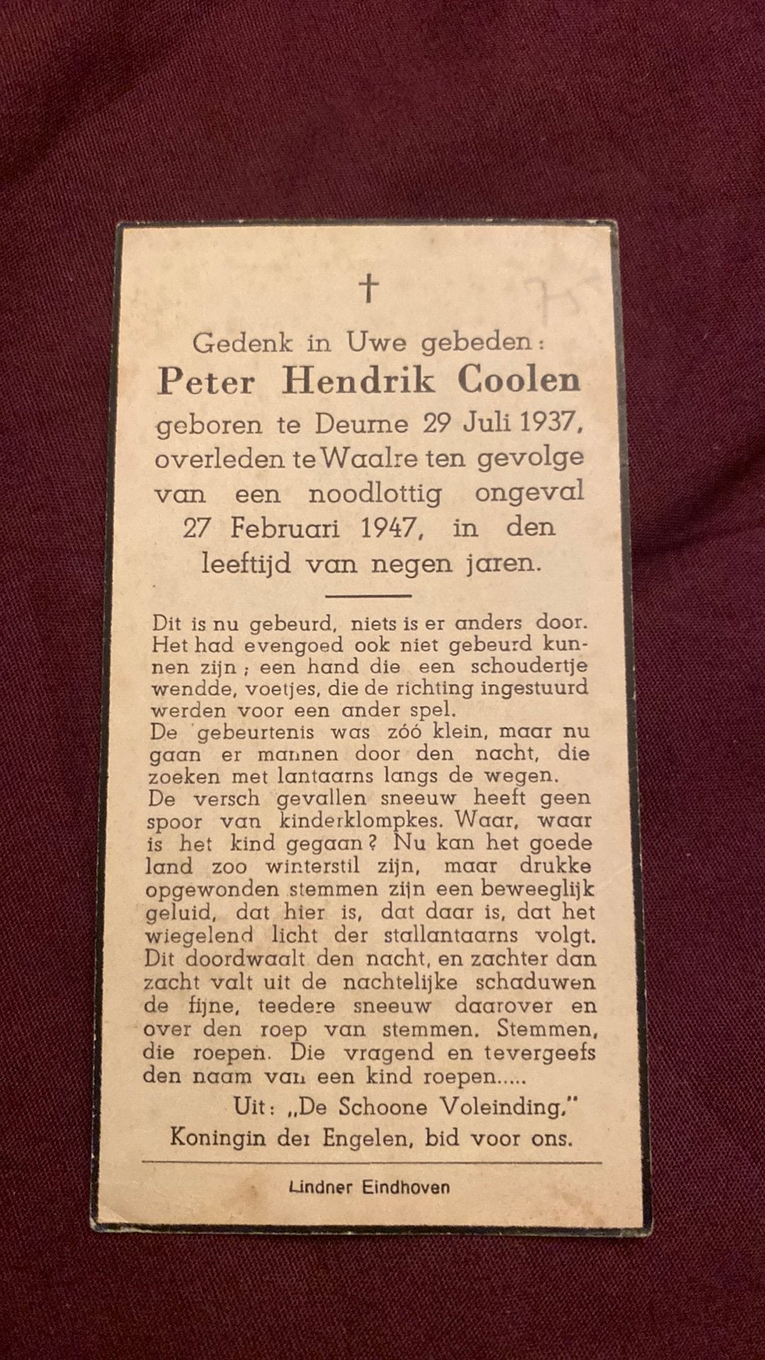 9-jarige Peter H Coolen 1937 Deurne 1947 Waalre, Ophalen of Verzenden
