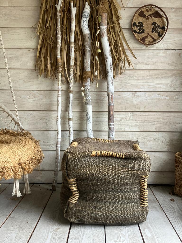 Indiase jute poef, Ophalen, Meerkleurig, Textiel, Oosters