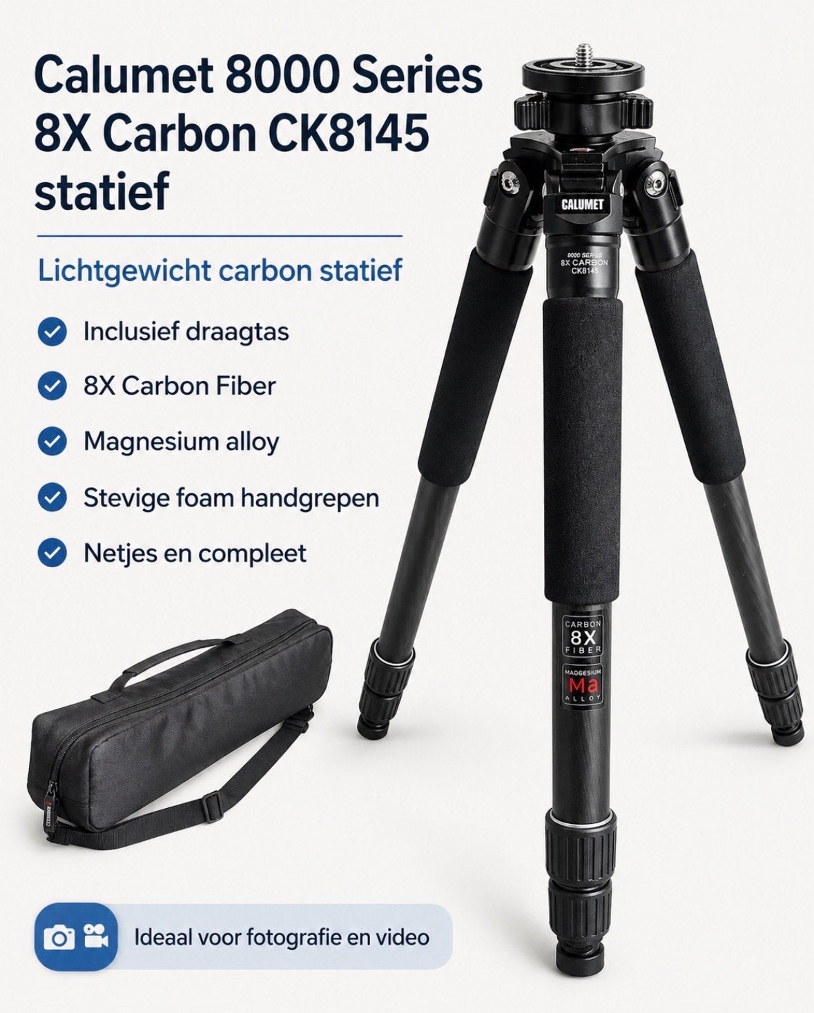 Calumet CK8145 8X Carbon Statief + Tas - Lichtgewicht & Stev, Audio, Tv en Foto, Fotografie | Statieven en Balhoofden, 150 tot 175 cm
