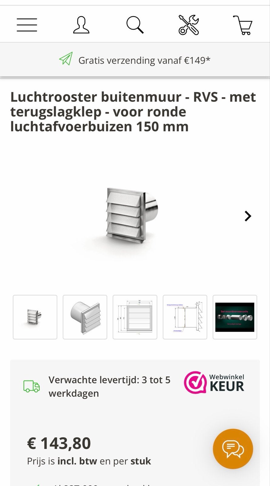 Luchtrooster buitenmuur RVS met terugslagklep 150 mm, Ophalen, Nieuw, Ventilator en Afzuiger