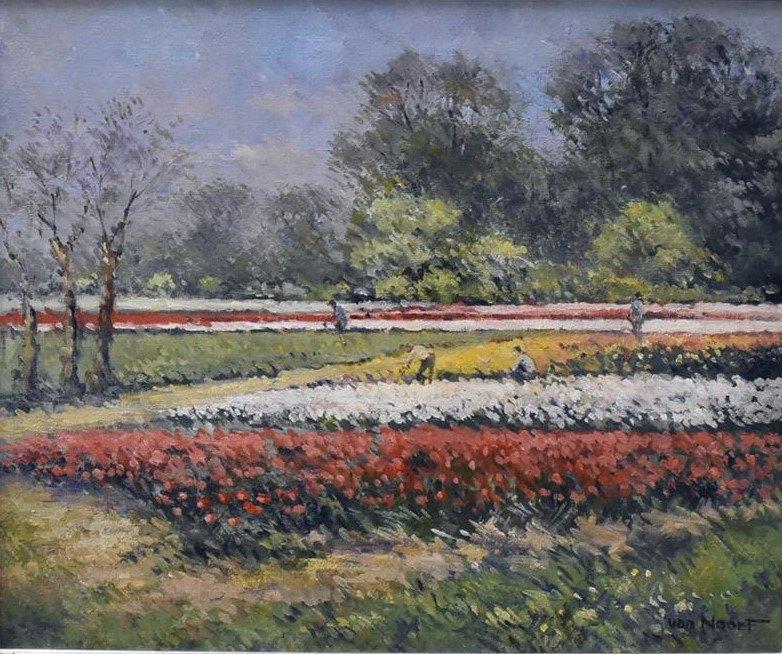 Arie Cees van Noort (1914) Olie Doek "Bloembollenveld" Ges, Ophalen of Verzenden