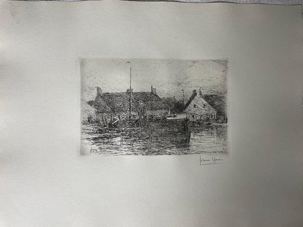 Grote ets van Frans Hens (1856-1928) Boerderij, Ets, Stadsgezicht, Ophalen of Verzenden, Gesigneerd