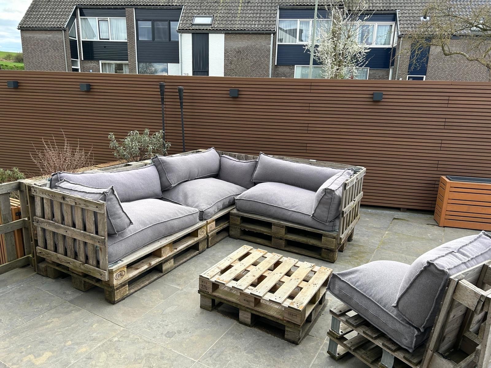Pallet Loungeset met Kussens - Zo Goed als Nieuw, Ophalen, 6 zitplaatsen, Zo goed als nieuw, Loungeset