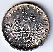 5  francs  1960  Frankrijk. km. 926, Ophalen of Verzenden, Frankrijk, Losse munt, Zilver