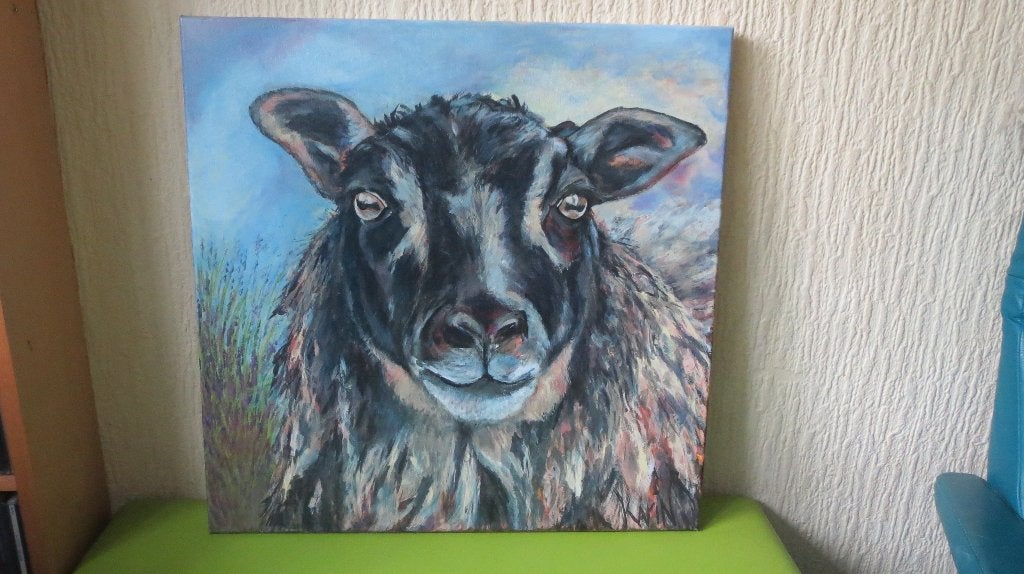 schilderij bruin schaap, acrylverf op doek, laag geprijsd, Verzenden