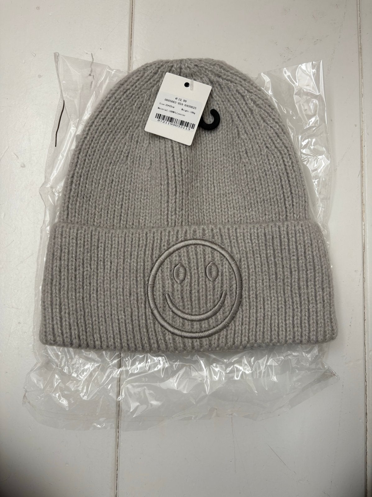 Grijze Beanie Muts Met Smiley - Nieuw, Verzenden, Nieuw, Muts