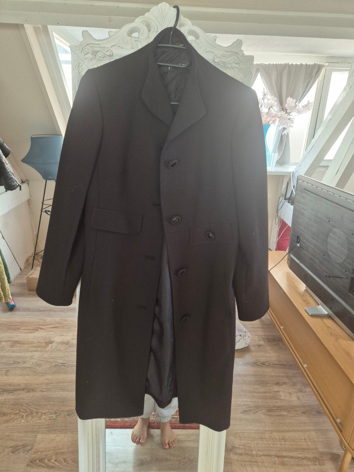 Stijlvolle Zwarte Lange Jas - Maat S, Kleding | Dames, Zwart, Ophalen of Verzenden, Zo goed als nieuw, Maat 36 (S)