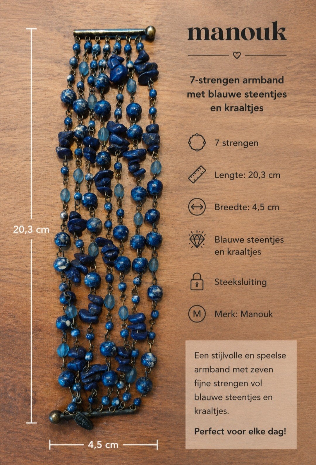 Mooie speelse armband van blauwe steentjes en kraaltjes van, Ophalen of Verzenden, Zo goed als nieuw