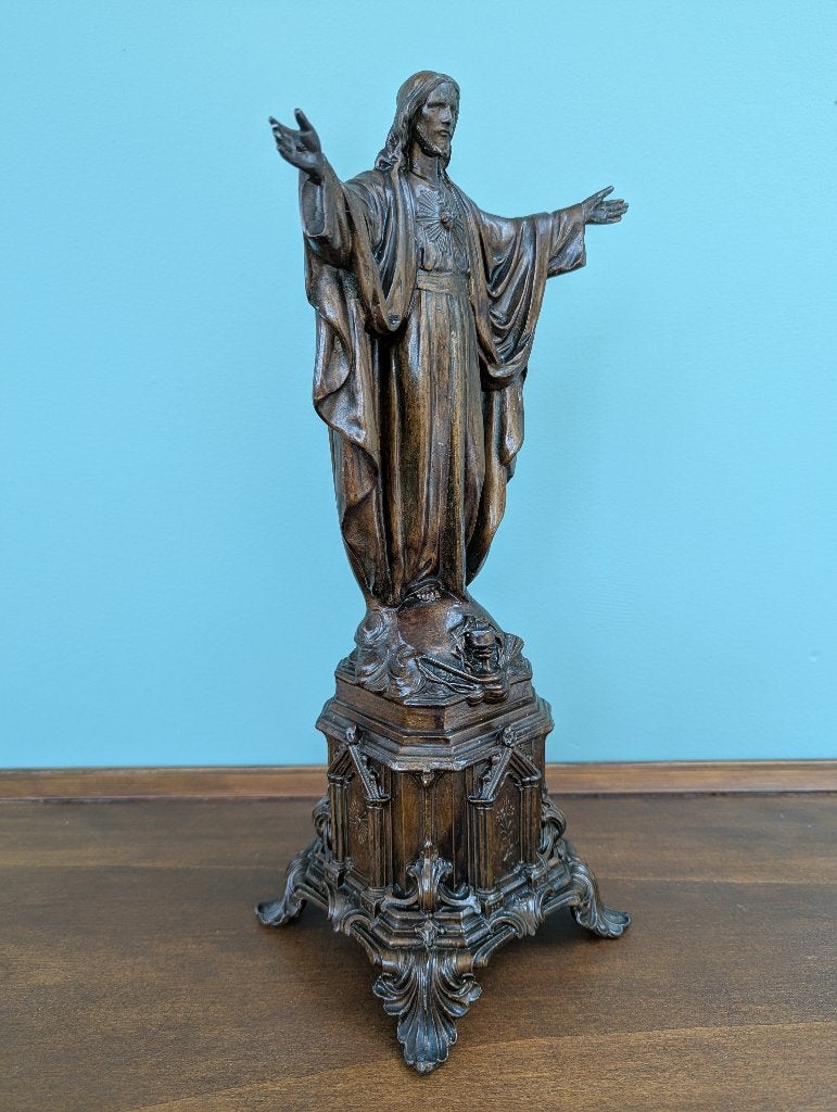 Antiek Frans Heilig Hart Jezus beeld D.S.R. – Neogotisch, Antiek en Kunst, Antiek | Religie, Ophalen