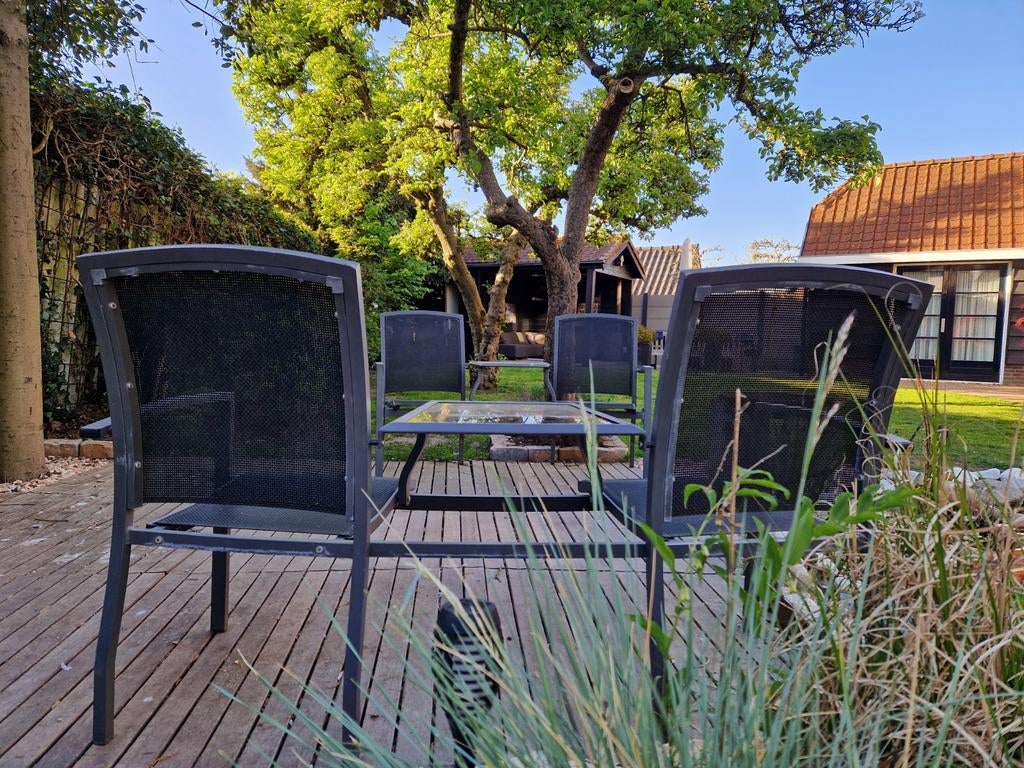 Tuinset: 4 stoelen met tafel, metaal en glas, Tuin en Terras, Tuinstoelen, Ophalen, Gebruikt, Metaal