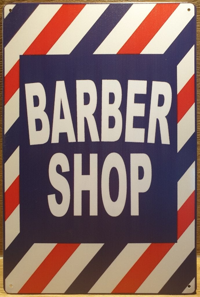 Barber Shop blauw wit rood reclamebord van metaal wanddeco