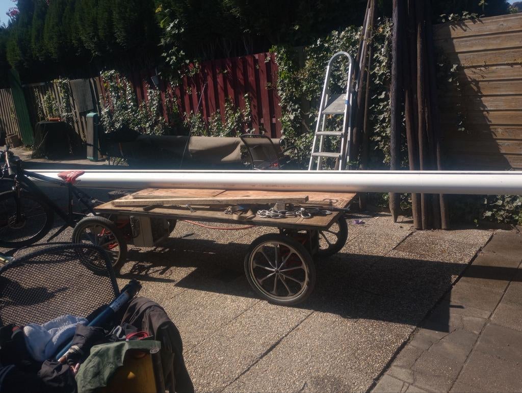 Zonnescherm 5 meter breed, 2.5 meter uitval, 150 tot 300 cm, Ophalen, Gebruikt, 450 cm of meer