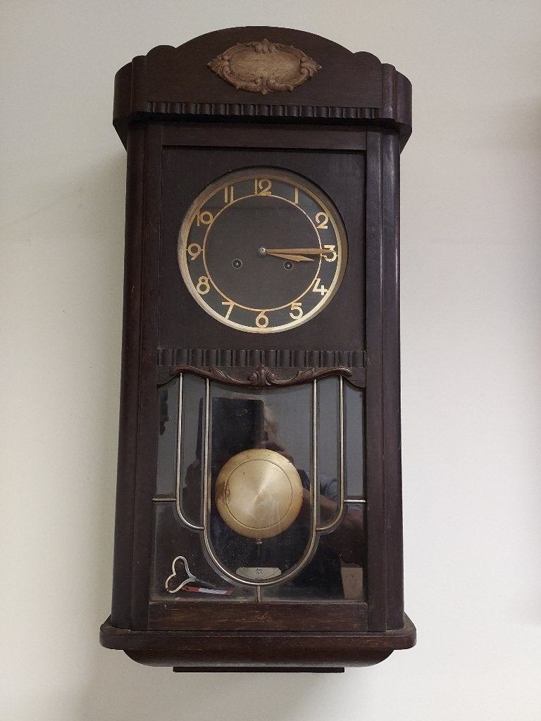 Bimbam regulateur in eiken kast, mahoniehouten wijzerplaat., Antiek en Kunst, Ophalen