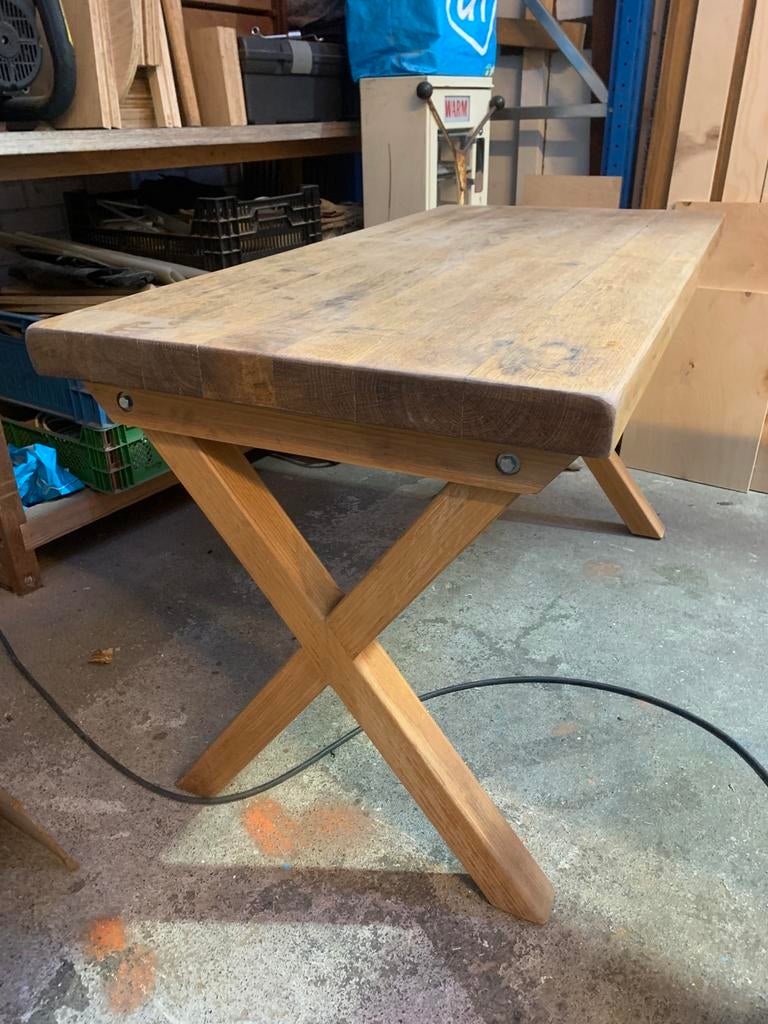 Massief eiken en essen kleine tafel, Ophalen, Gebruikt, 100 tot 150 cm, 50 tot 100 cm