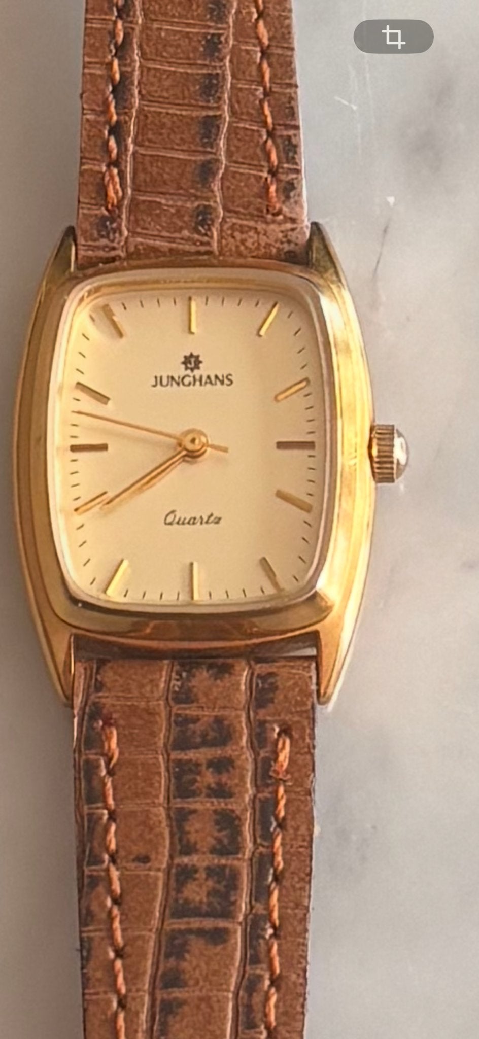 Junghans Quartz Horloge - Goudkleurig met Leren Bandje, Overige materialen, Leer, Polshorloge, Zo goed als nieuw