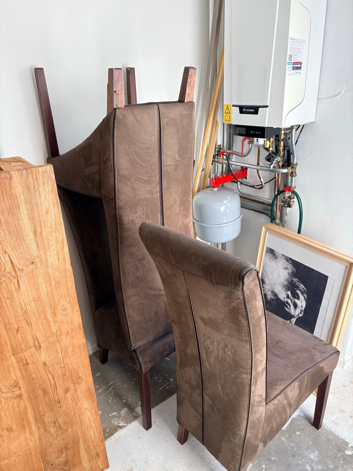 6 Bruine eetkamerstoelen met hoge rugleuning, Huis en Inrichting, Ophalen, Gebruikt, Bruin, Stof