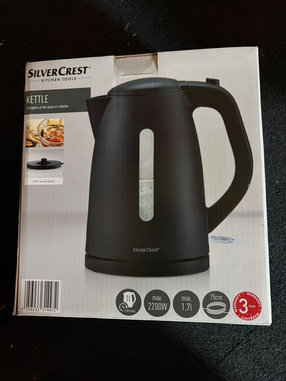 SilverCrest Waterkoker - Zwart, 1.7L, 2200W, 1 tot 2 liter, Ophalen of Verzenden, Nieuw, Draadloos