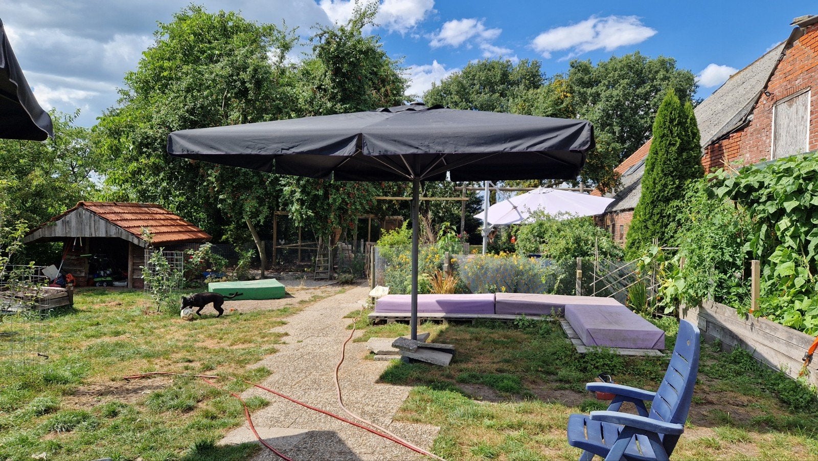 Mega terras parasol 4 x 4 meter Zwart, Ophalen, Zo goed als nieuw, Meer dan 4 meter, Stokparasol