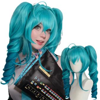 Blauwe gradient anime cosplay pruik dubbele paardenstaart