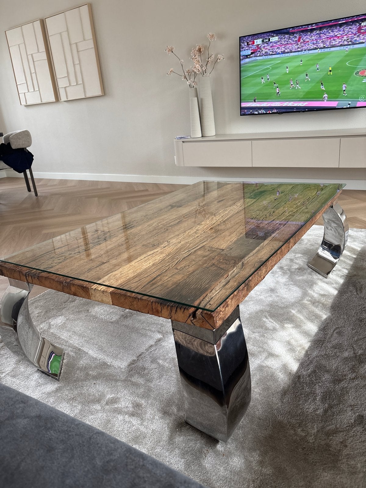 Salontafel met glazen blad en metalen onderstel, Ophalen, Gebruikt, 100 tot 150 cm, 50 tot 100 cm