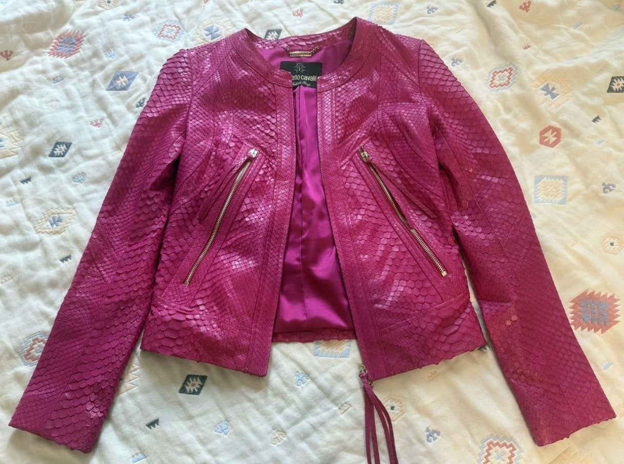 Roberto Cavalli fuchsia python leren jasje IT 38, Ophalen of Verzenden, Zo goed als nieuw, Maat 38/40 (M), Roze