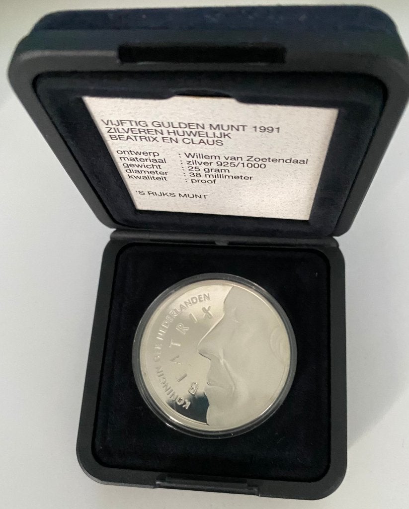 50 Gulden munt 1991 -Zilveren Huwelijk Beatrix en Claus- pro, Koningin Beatrix, Ophalen of Verzenden, Losse munt, Geboorte of Huwelijk