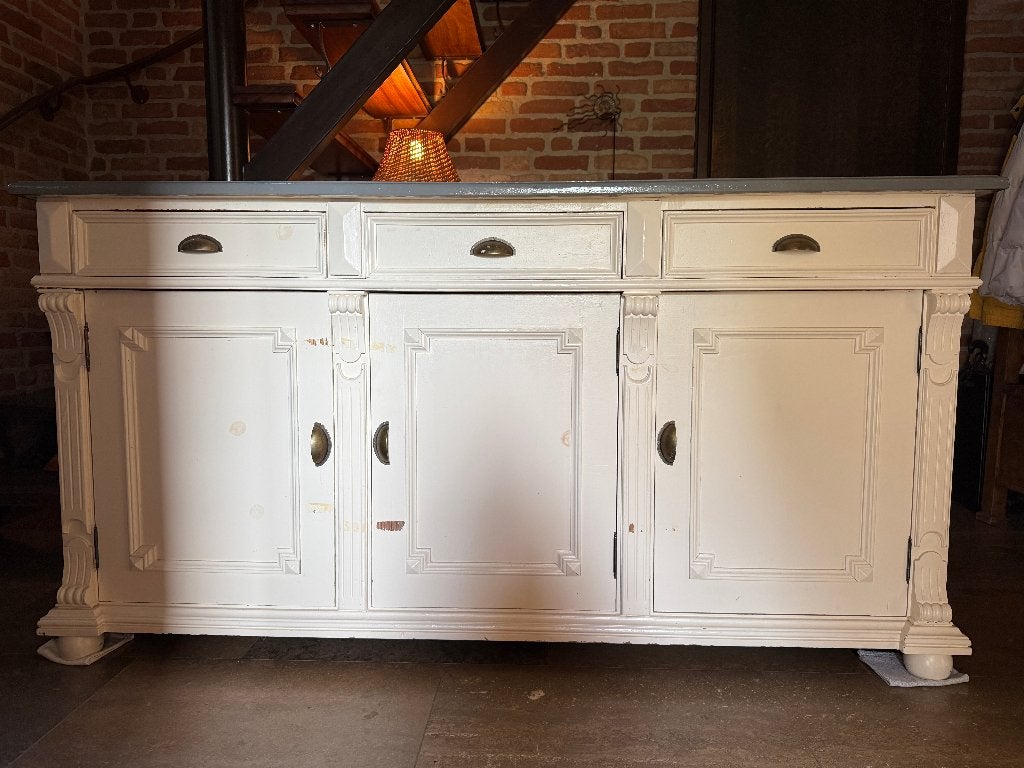 grote witte vintage dressoir van oud grenen, Ophalen, Gebruikt, Met deur(en), 150 tot 200 cm