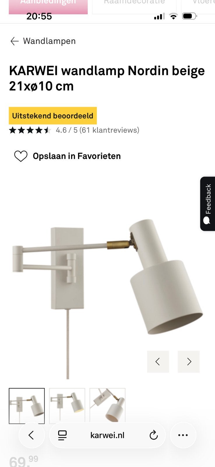 2x Nordin wandlamp Karwei beige, Ophalen of Verzenden, Nieuw