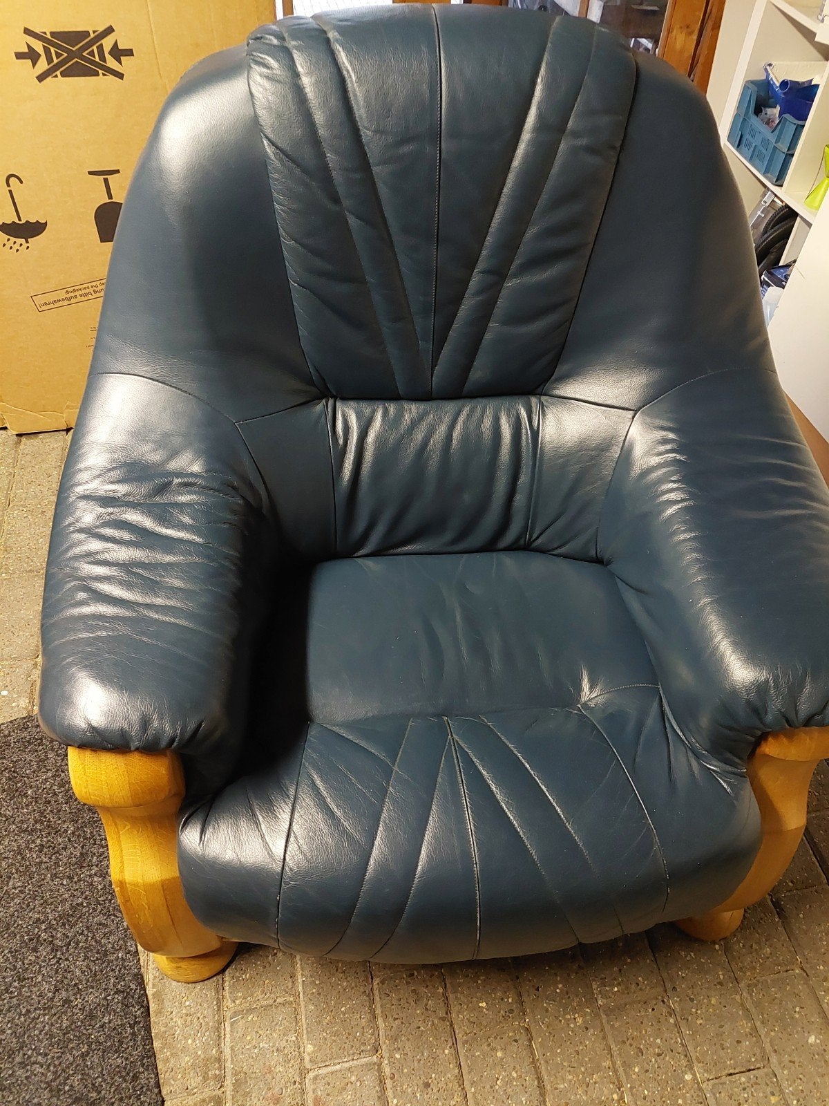 Leren fauteuil - Groen leer met blank eiken, Ophalen of Verzenden, Zo goed als nieuw, Hout
