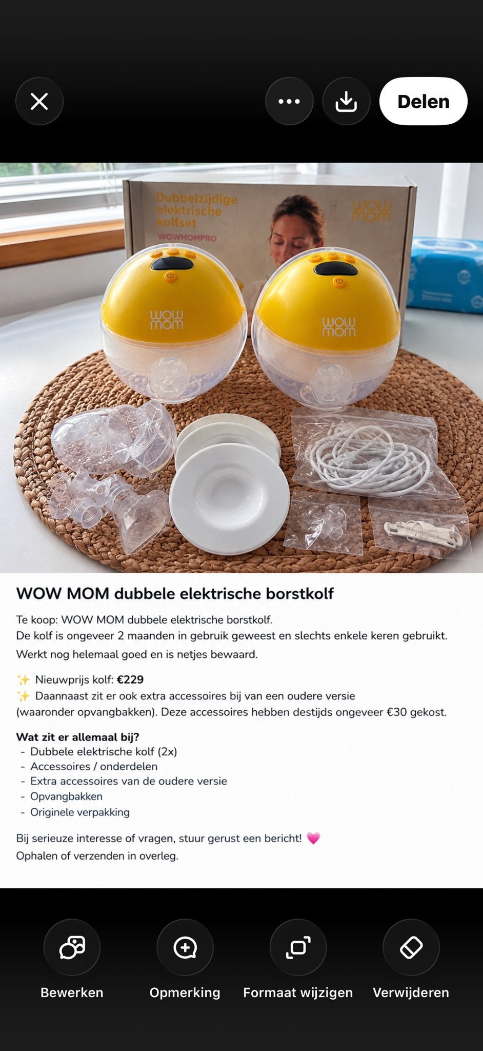 WOWMOMPRO Dubbelzijdige Elektrische Borstkolf met Garantie, Ophalen of Verzenden, Zo goed als nieuw