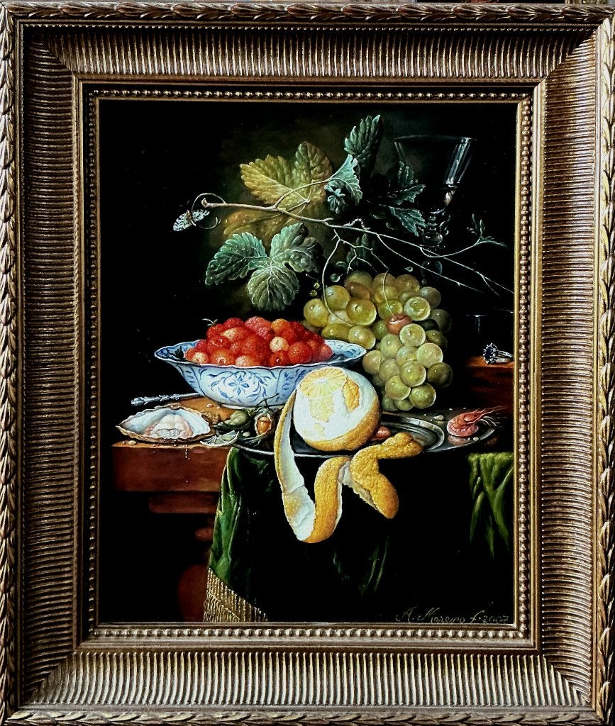Fruit stilleven met vlinder, naar Jan Davidsz. de Heem, Antiek en Kunst, Kunst | Schilderijen | Klassiek, Paneel, Ingelijst, Stilleven