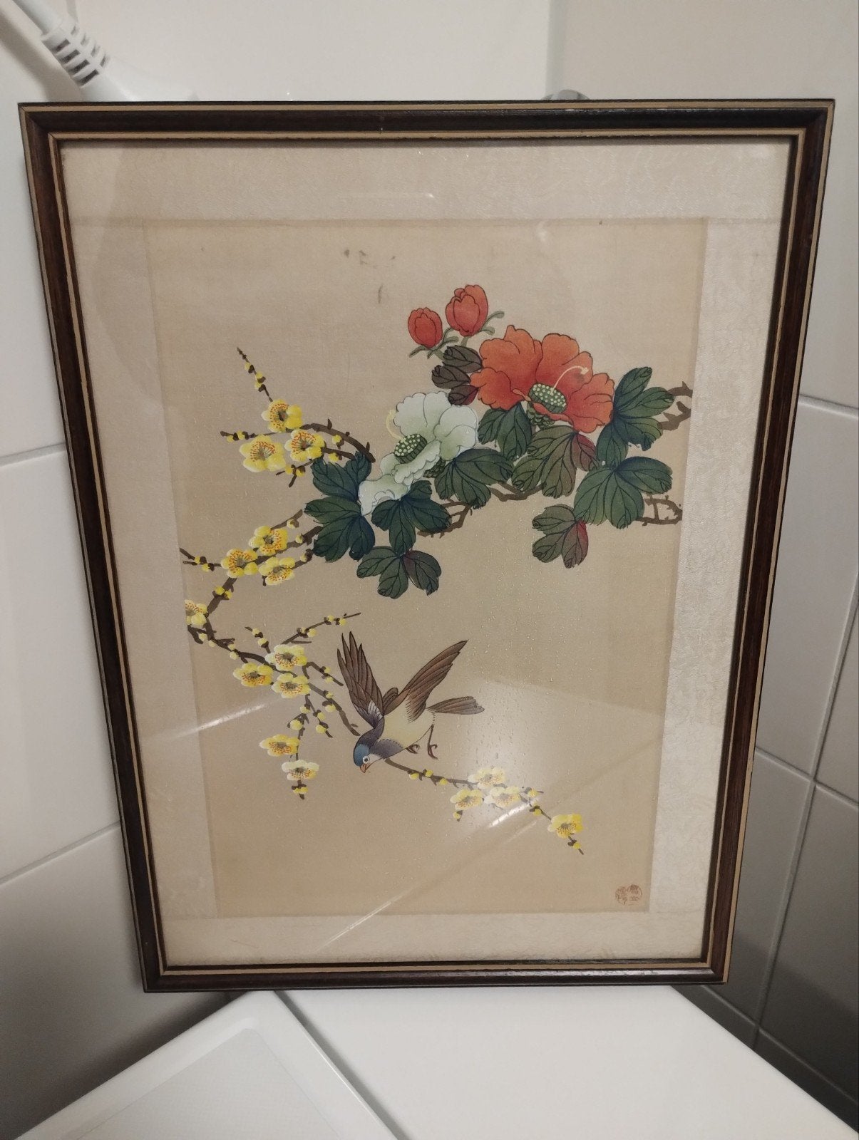 Mid Century Japans schilderij verf op zijde Japanse Bluebird, Antiek en Kunst, Ophalen of Verzenden