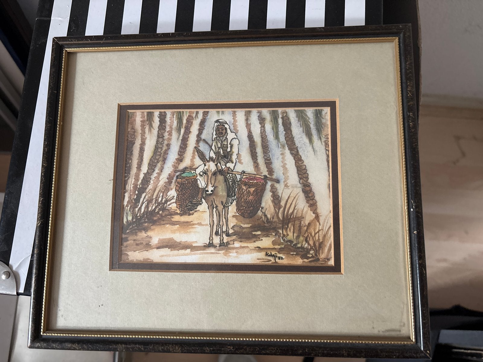 Oosters tafereel: Man op ezel met manden, ingelijst, Realistisch, Ophalen of Verzenden, Gesigneerd, Aquarel