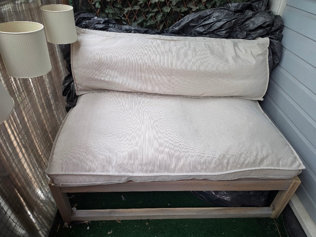 Pallet tuinbank, fauteuil en buitenkussens, Tuin en Terras, Tuinstoelen, Ophalen, Zo goed als nieuw, Hout