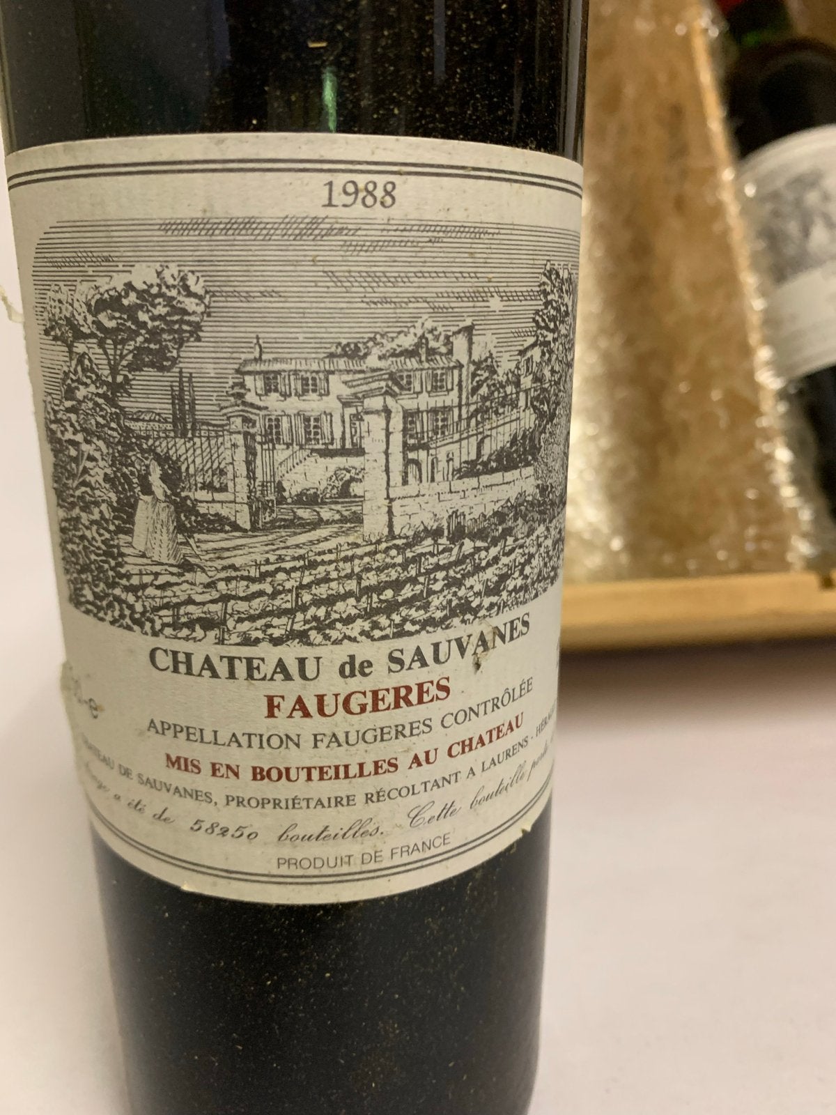 2 flessen Chateau de Sauvanes Faugeres 1988 in kistje, Ophalen of Verzenden, Gebruikt, Frankrijk, Rode wijn