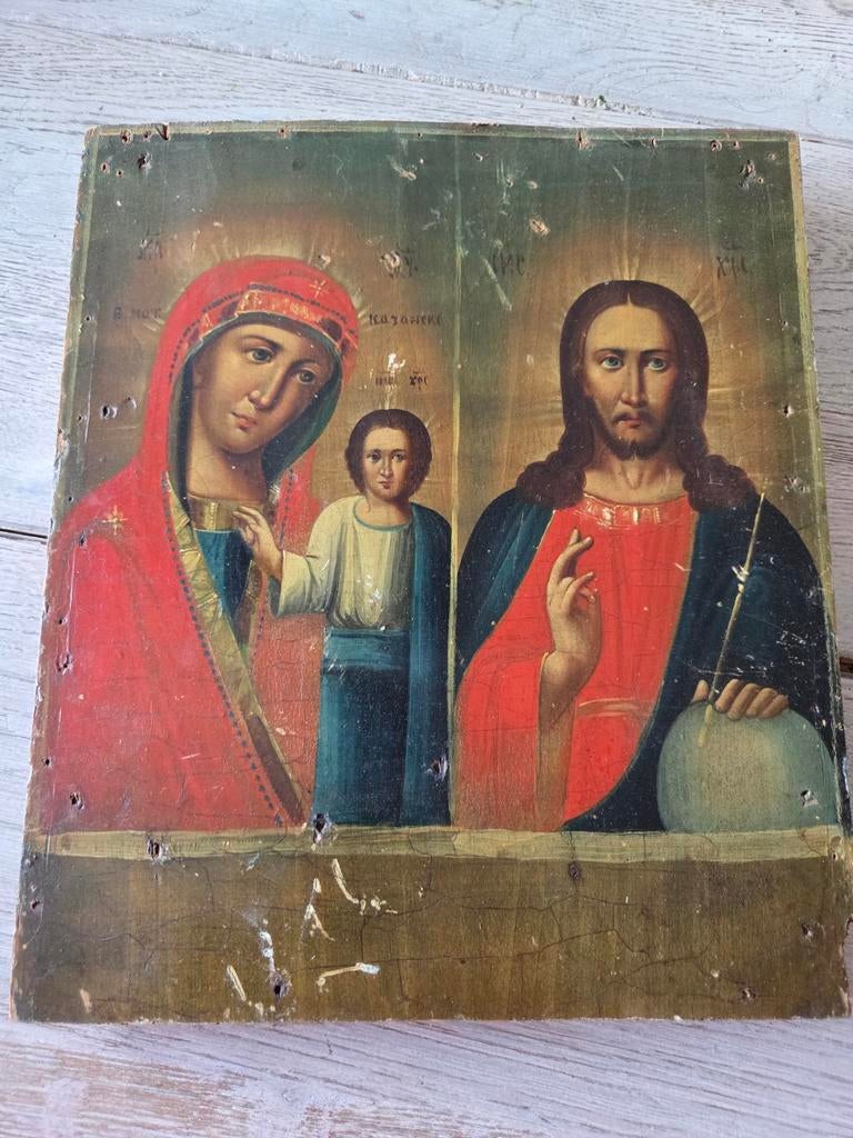 Antieke Russisch-orthodoxe icoon: Moeder Gods, Christus, Antiek en Kunst, Antiek | Religie, Ophalen of Verzenden