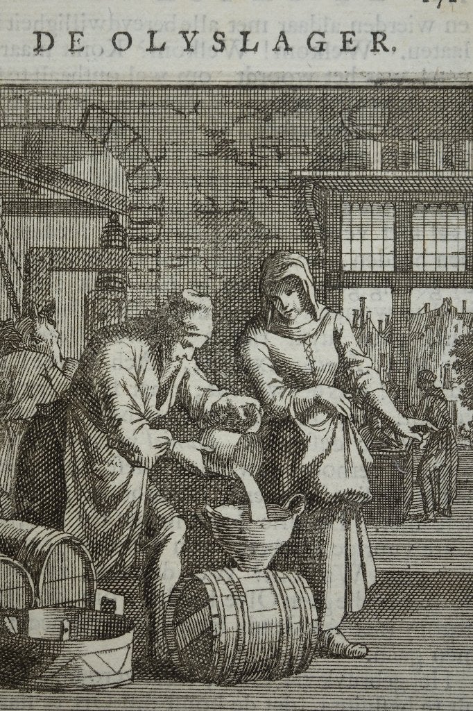 gravure de olie verkoper vult een ton Luyken, 18e eeuw, Antiek en Kunst, Ophalen of Verzenden, Gravure, Origineel
