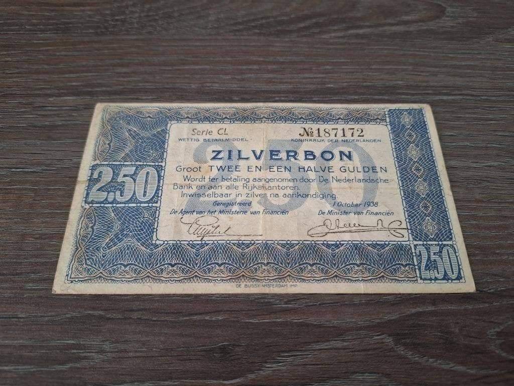 Biljet 2,5 gulden 1938, zilverbon, Ophalen of Verzenden, 1 gulden