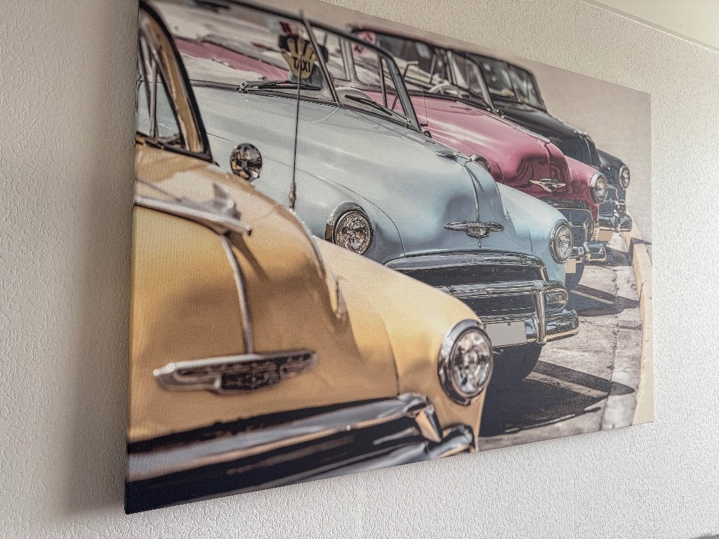 Canvas wanddecoratie oldtimers – 80 x 115 cm, Huis en Inrichting, Ophalen, 50 – 75, Nieuw, 100 tot 125 cm