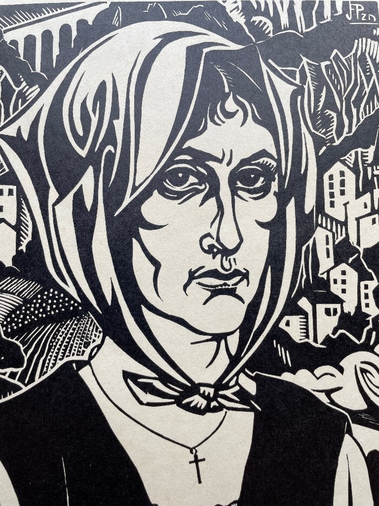 Houtsnede van J. Franken Pzn. Vrouw, Antiek en Kunst, 22 cm, 1950 - 1999, Portret, Ophalen of Verzenden