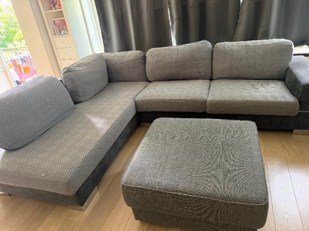 Grey L‑Shape Corner Sofa + Footstool – Good Condition, Ophalen, Overige materialen, 250 tot 300 cm, Gebruikt