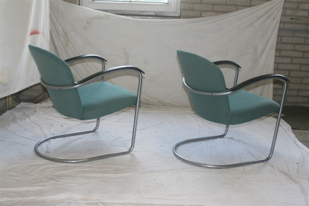 2 Jaren '30 Vintage Chroom Gispen 414 Fauteuils Groengrijs, Huis en Inrichting, Ophalen, Gebruikt, Minder dan 75 cm, Gispen Culemborg
