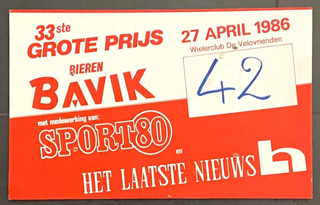 Wielrennen autobord 33e GP BIEREN BAVIK – 1986 – no 42, Ophalen of Verzenden, Overige typen