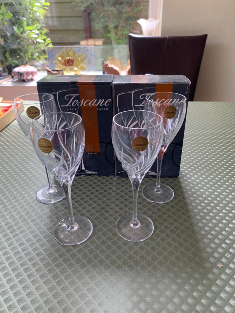 Kristallen Toscane portglazen 4 stuks +dozen, Ophalen of Verzenden, Zo goed als nieuw, Overige typen