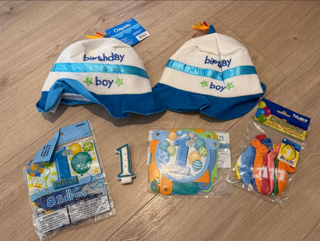 1 jaar verjaardag decoratie set - Hoedjes, ballonnen, kaars, Ophalen of Verzenden, Nieuw, Feestartikel, Verjaardag