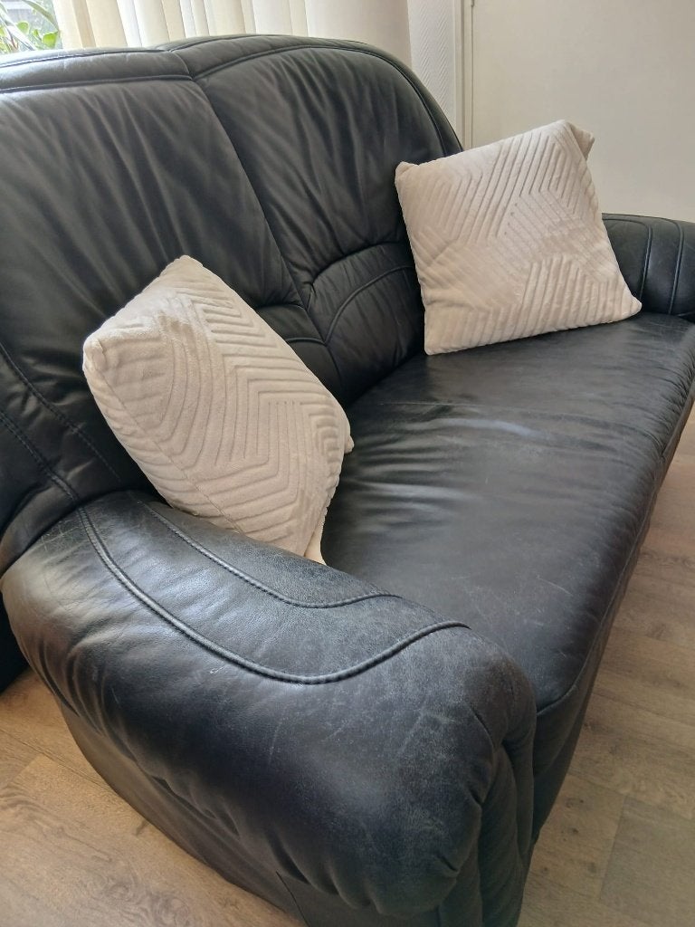 Bankstel Leer Donker Blauw 2 en 3 zits in goede staat., Huis en Inrichting, Banken | Bankstellen, Ophalen, Gebruikt, Overige maten
