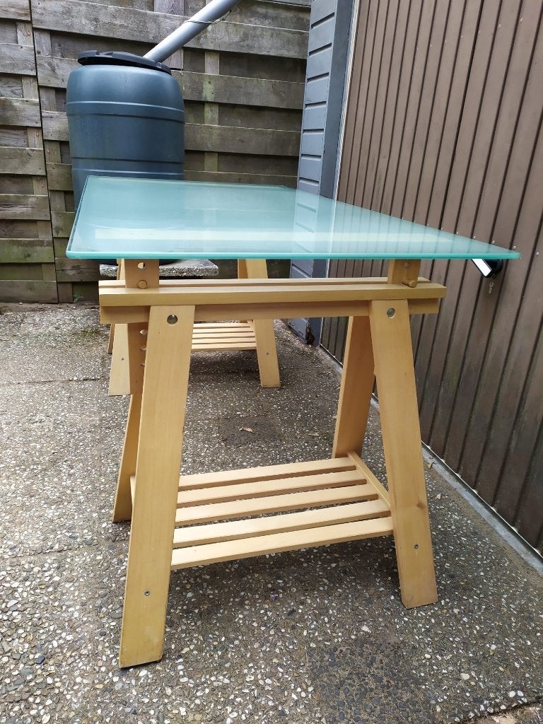 Glazen tafelblad op schragen, Ophalen, Gebruikt, 100 tot 150 cm, Glas